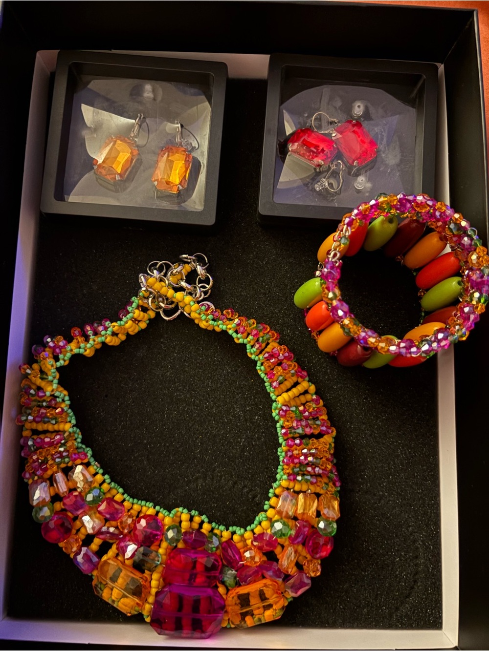 Colorful Beaded Statement Necklace and Bracelet Set - Pink & Orange